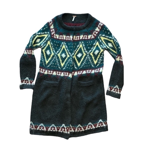 FREE PEOPLE Fair Isle Boho Wool Blend Long Cardigan Sweater Size XS - Picture 2 of 4